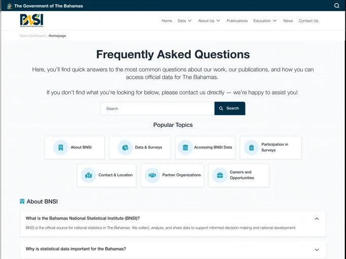 Frequently Asked Questions page grouped by topic