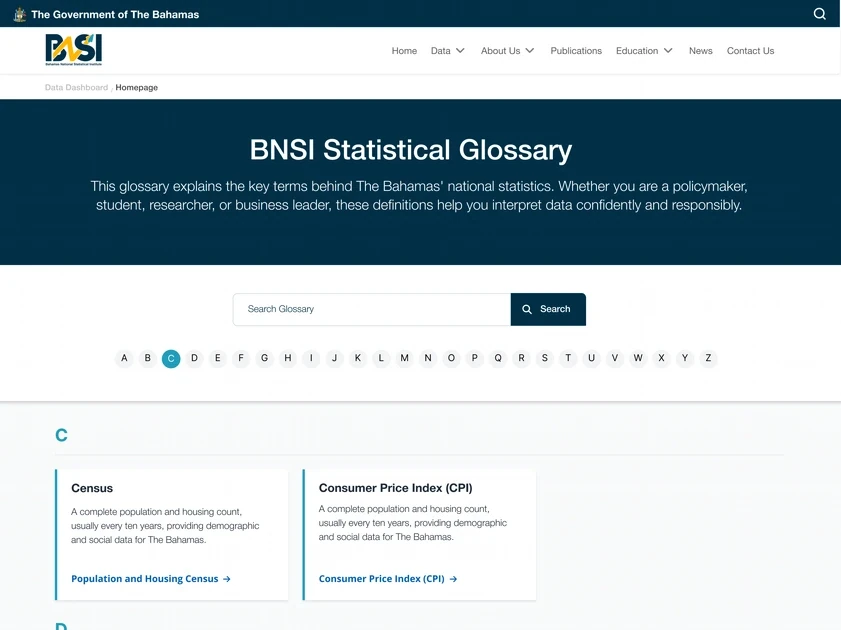 Statistical glossary page organised alphabetically