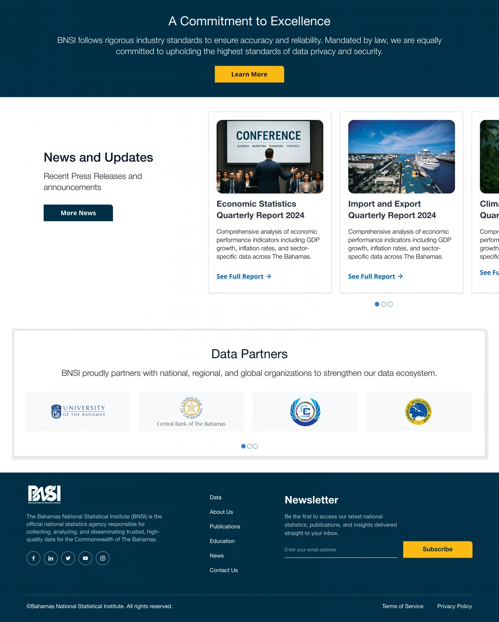 BNSI redesigned homepage (continued) — commitment, news & updates, data partners & footer