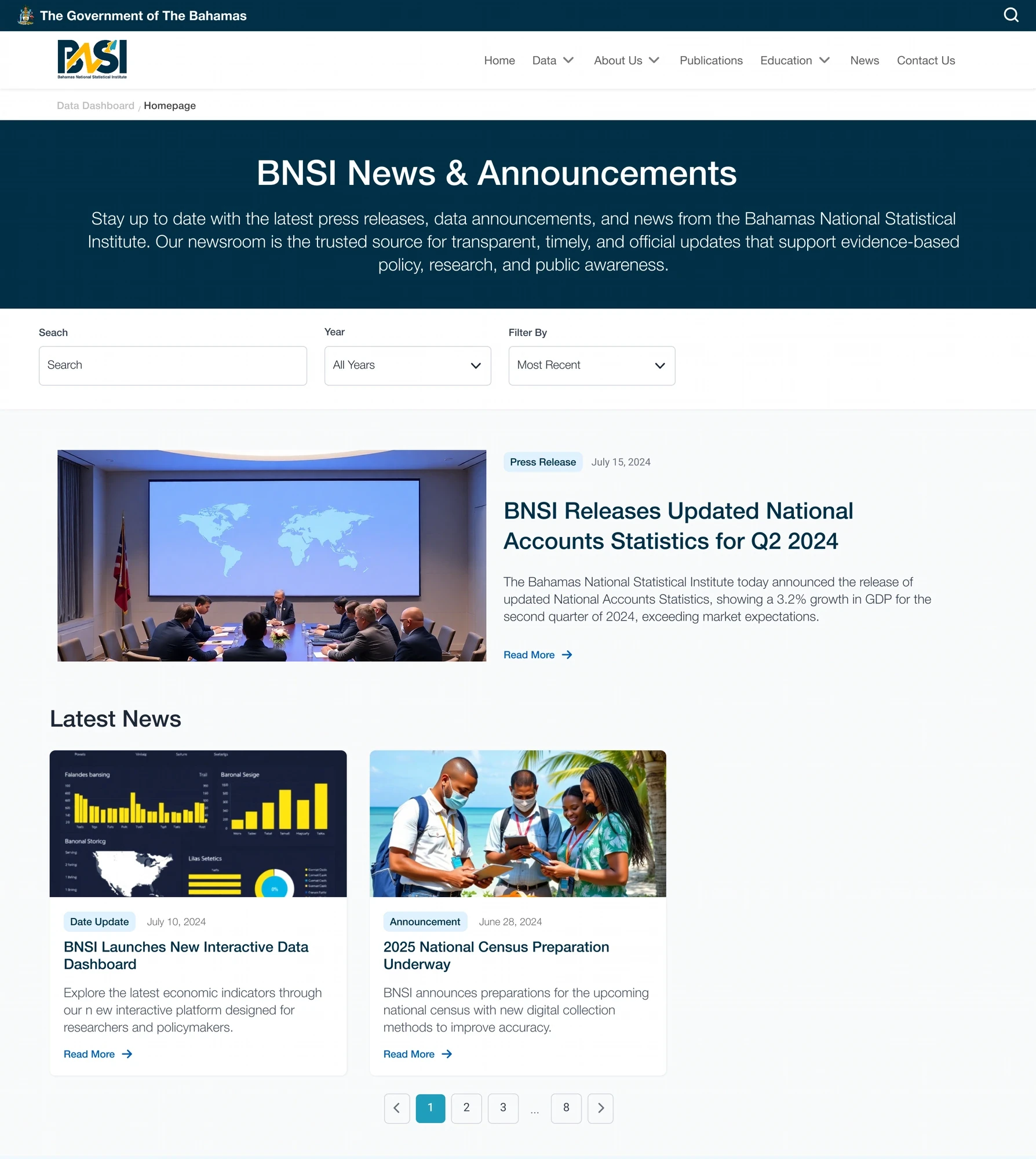 BNSI News & Announcements page — searchable newsroom with featured press release and latest news