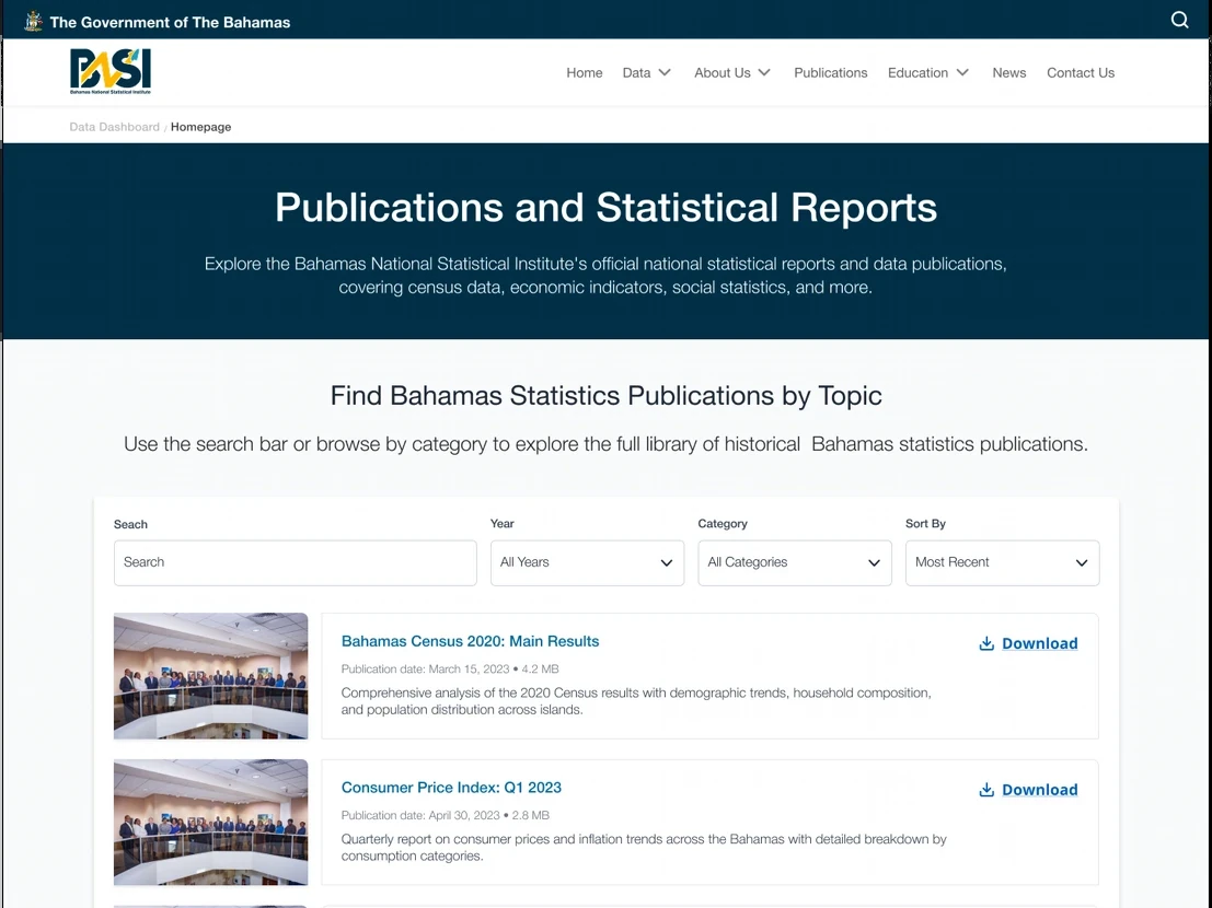 Publications and statistical reports page with search, filters, and categories