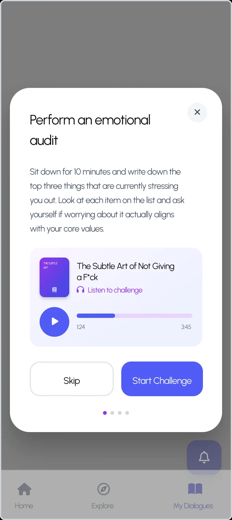 Dialogue AI challenge — 'Perform an emotional audit' drawn from a book, with audio