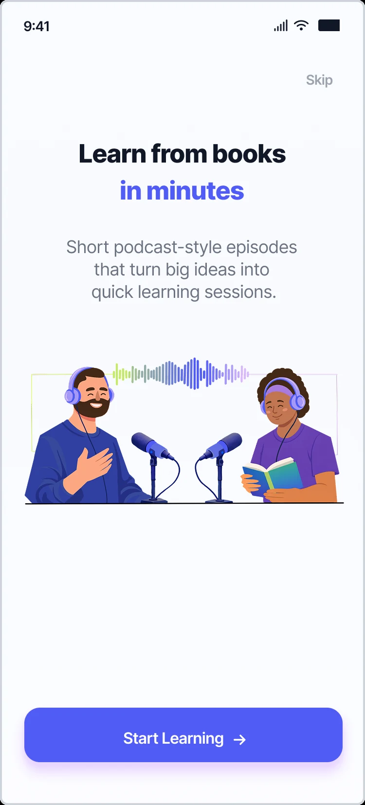 'Learn from books in minutes' intro — short podcast-style episodes, with Start Learning