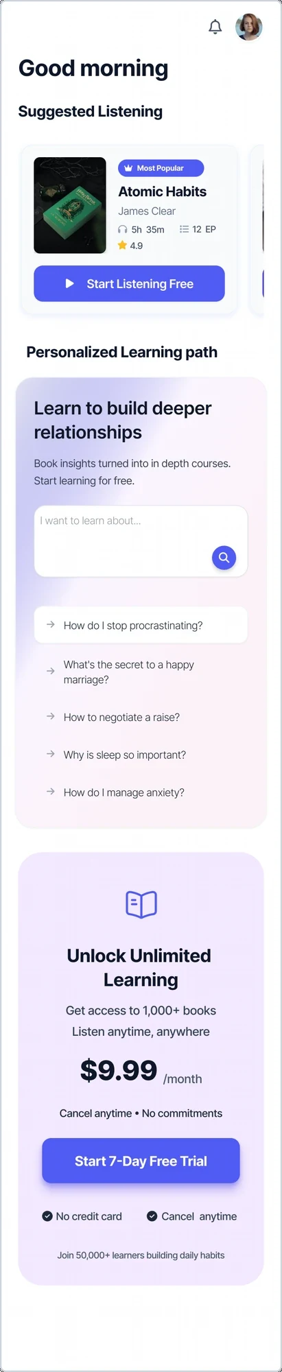 Home with 'Personalized Learning path' ask box — 'I want to learn about…' with suggested questions