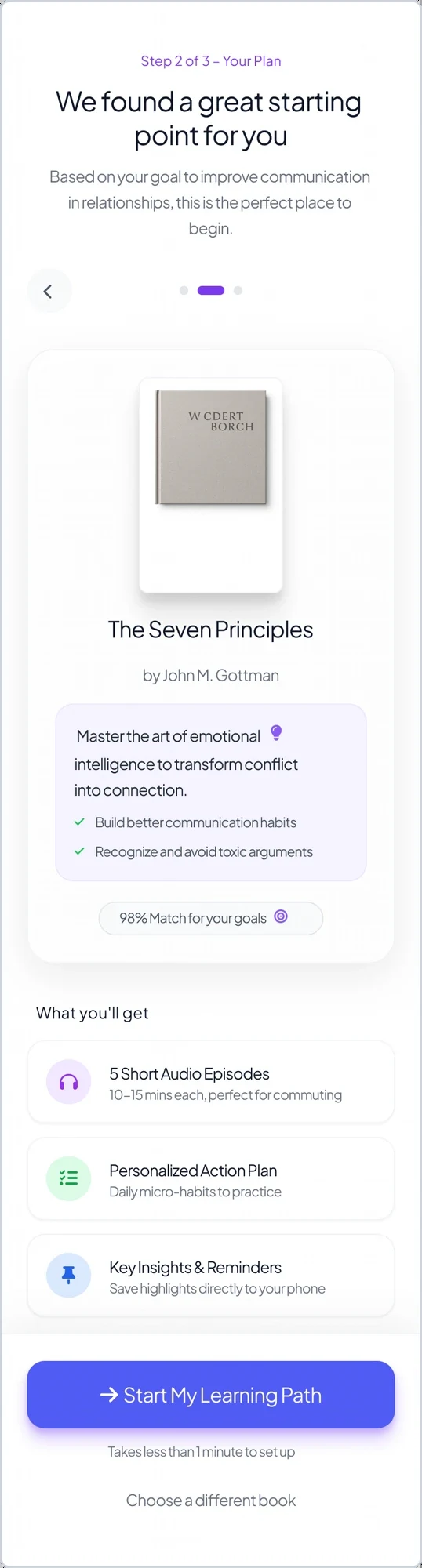 Dialogue onboarding — 'We found a great starting point for you' with a matched book and plan