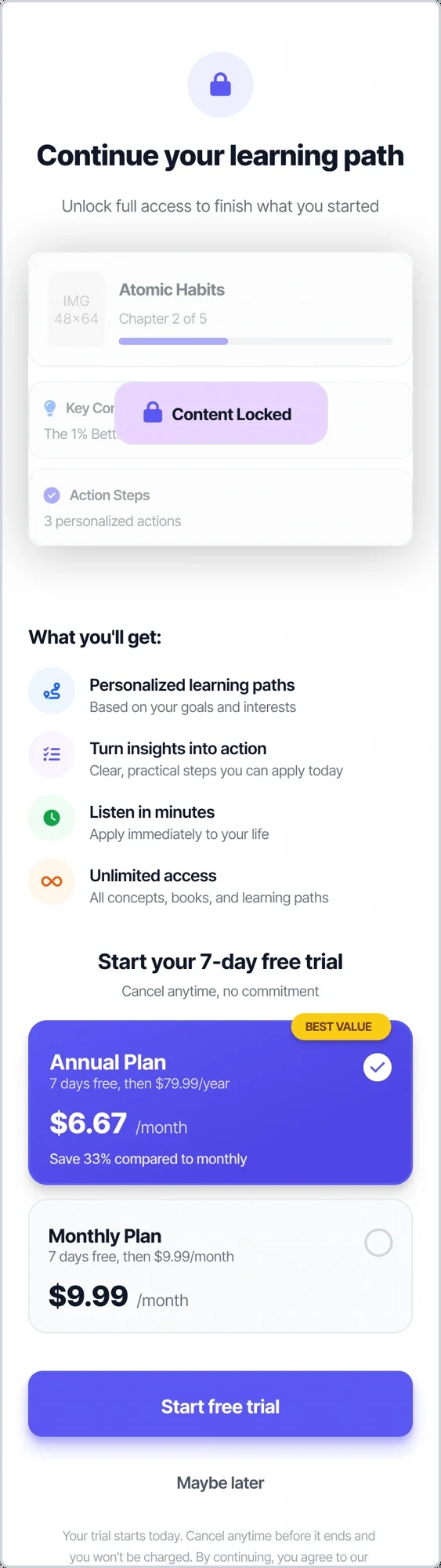 Dialogue paywall — 'Continue your learning path' with 7-day free trial plans