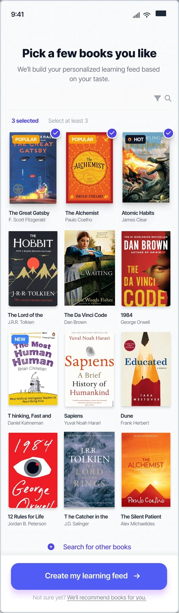 Onboarding — 'Pick a few books you like' book selection grid