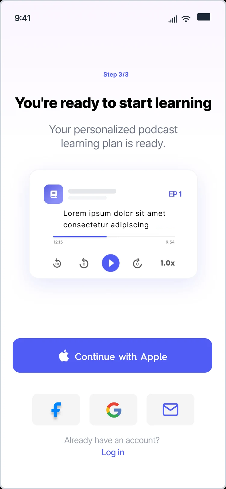 Onboarding step 3 of 3 — 'You're ready to start learning' with sign-in options