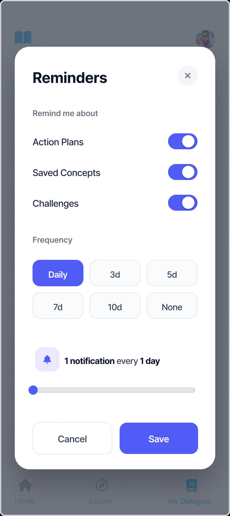 Reminders settings — Action Plans, Saved Concepts, Challenges toggles with frequency control