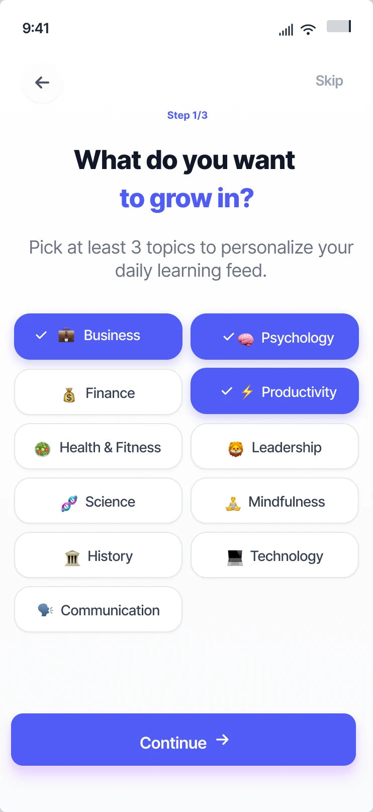 Onboarding step 1 of 3 — 'What do you want to grow in?' topic picker