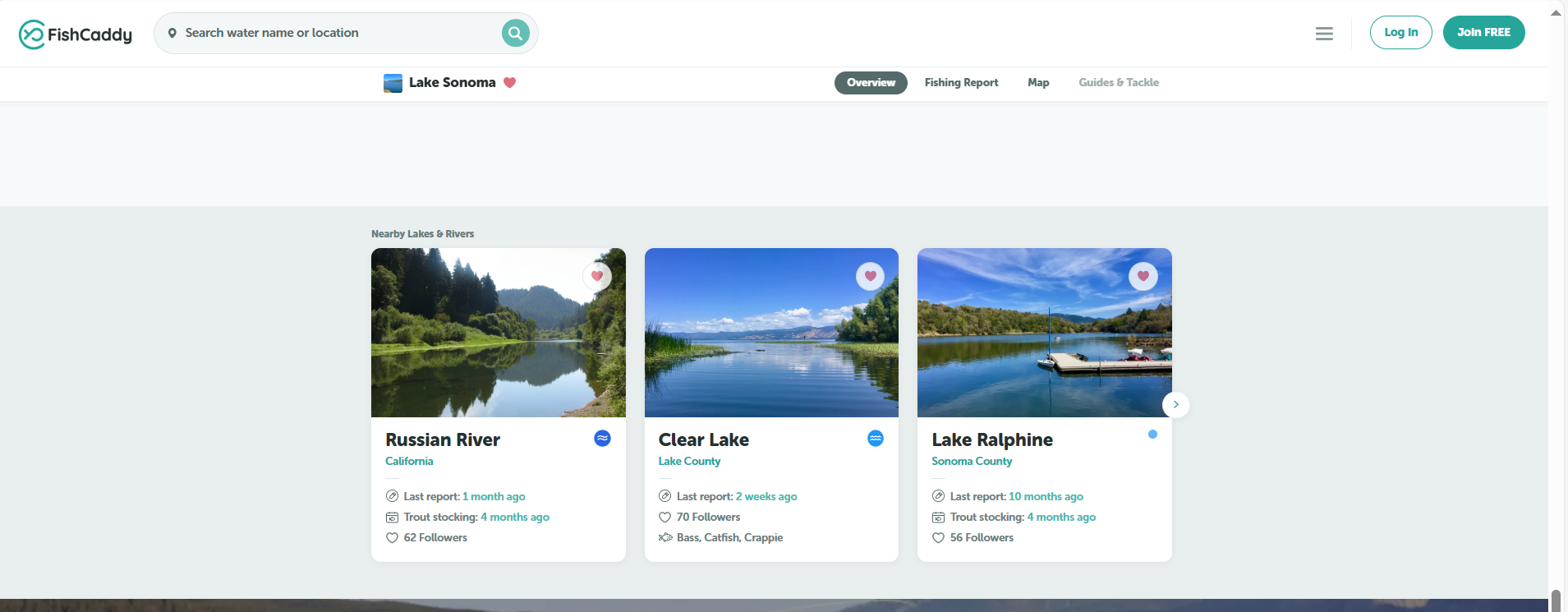 Location page (Lake Sonoma) — Section titles and side widgets are inconsistent across tabs.