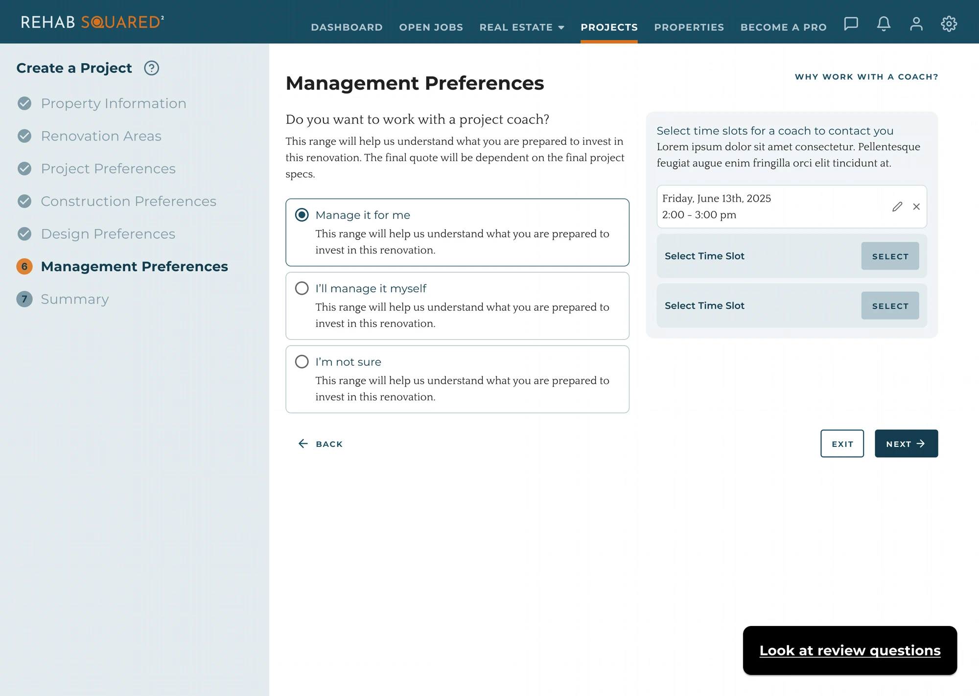 Create a Project — Step 6, Management Preferences