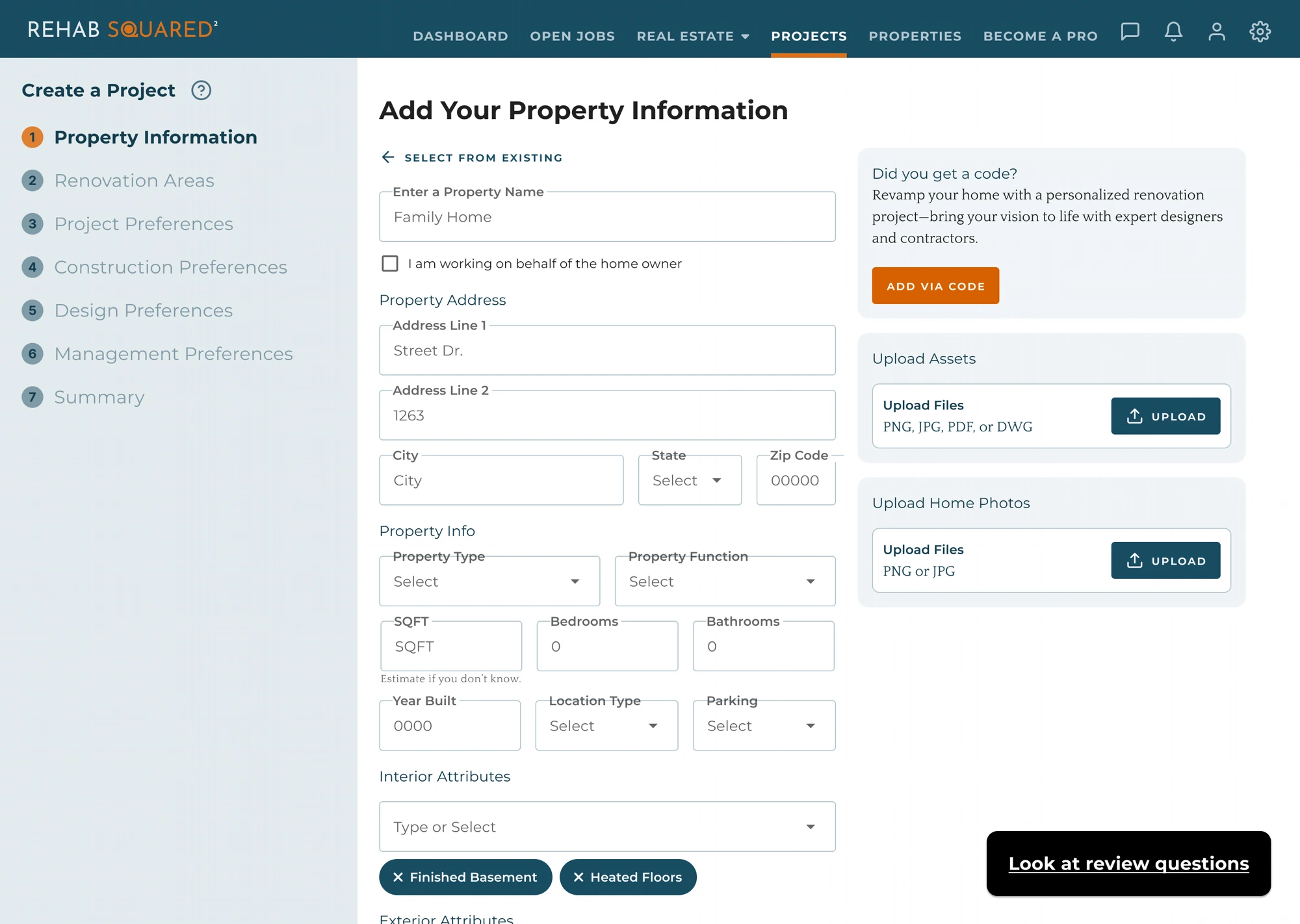 Create a Project — Step 1, Property Information