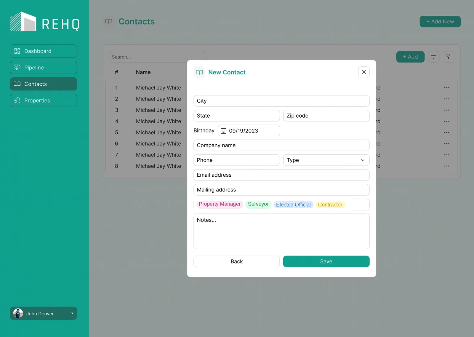 REHQ new-contact form with industry contact types tagged as distinct chips