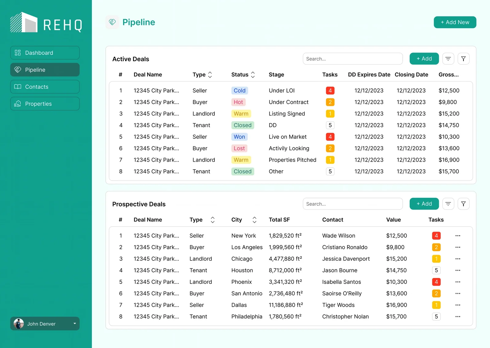 REHQ pipeline split into Active Deals and Prospective Deals with different columns