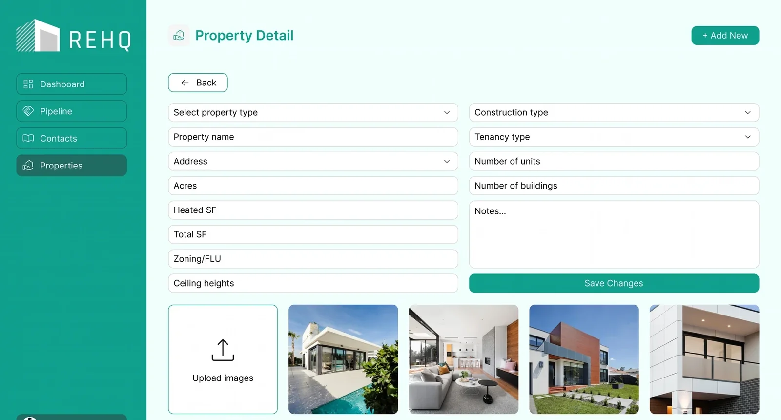 REHQ property detail with zoning/FLU, ceiling heights, heated and total SF, tenancy and construction type