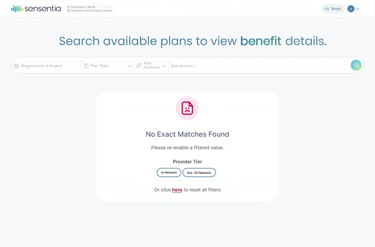 Sensentia no-results state with provider-tier toggles and a reset option