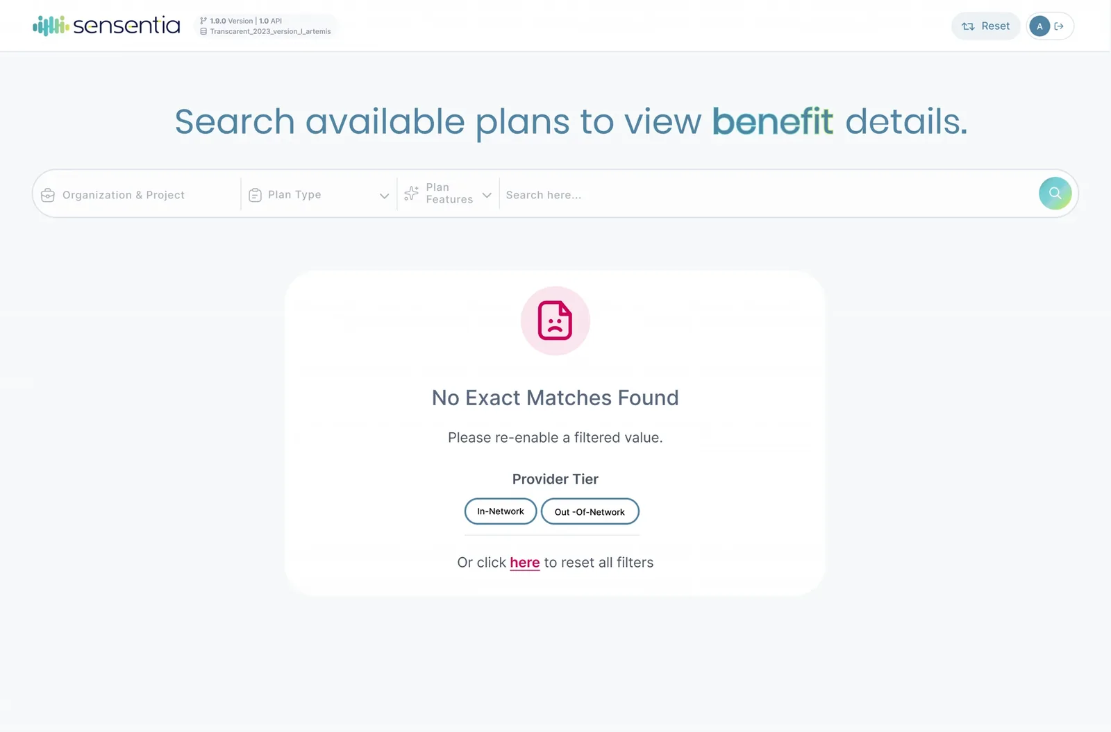 Sensentia redesigned benefits search with a guided no-results state
