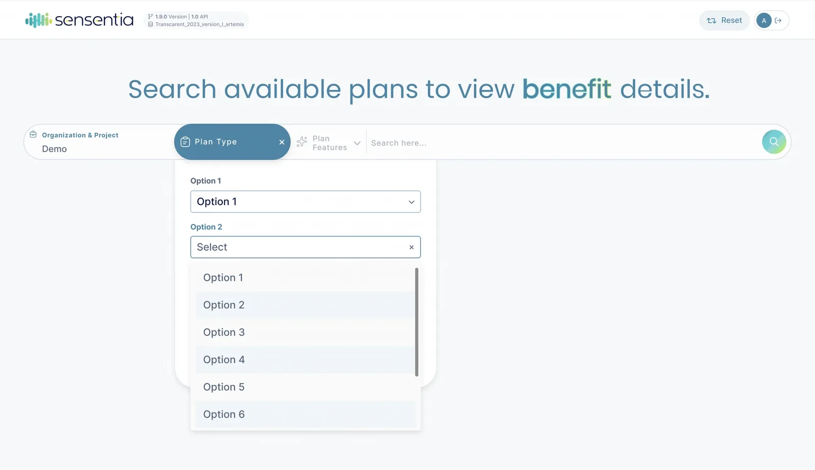 Sensentia search bar with plan-type and feature filters open