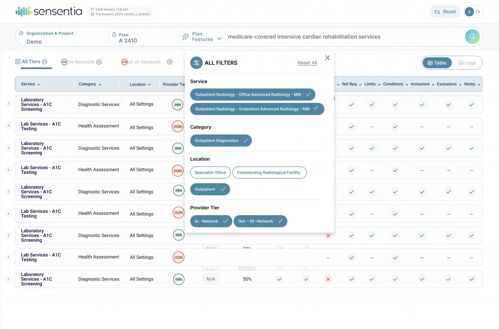 Sensentia results table with the All Filters panel open