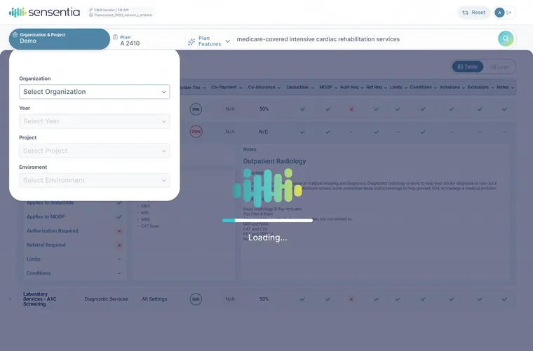 Sensentia organization and project picker with a branded loading state